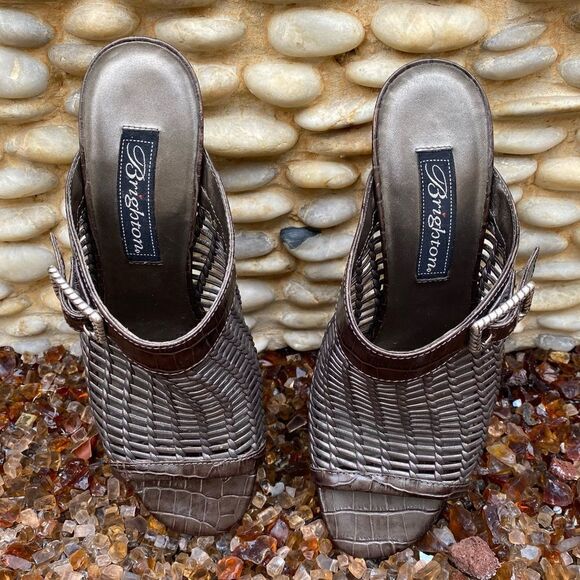 Brighton Pewter/Silver Woven Reed Slide Open Toe Heel Sandal Leather Size 7M EUC - Picture 3 of 12